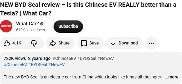 BYD Seal × What Car? YouTube 公开数据截图