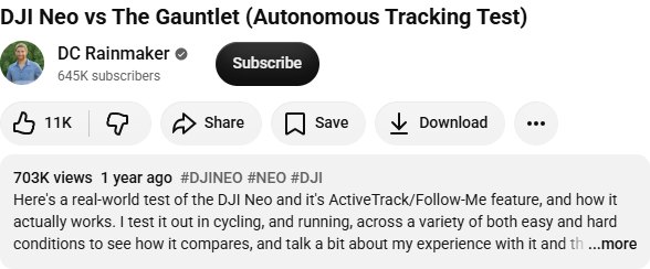 DJI Neo × DC Rainmaker YouTube 公开数据截图