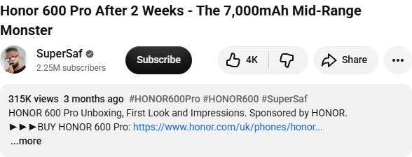 HONOR 600 Pro × SuperSaf YouTube 公开数据截图