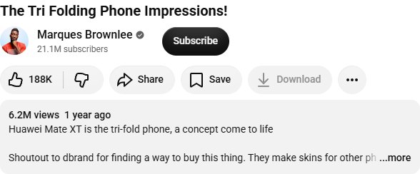 Huawei Mate XT × MKBHD YouTube 公开数据截图