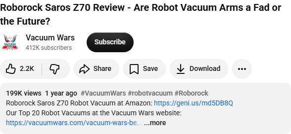 Roborock Saros Z70 × Vacuum Wars YouTube 公开数据截图