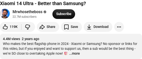 Xiaomi 14 Ultra × Mrwhosetheboss YouTube 公开数据截图